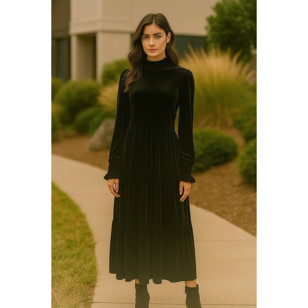 SSYS The Label Black Velvet Mock Neck Tiered Midi Dress Long Sleeve